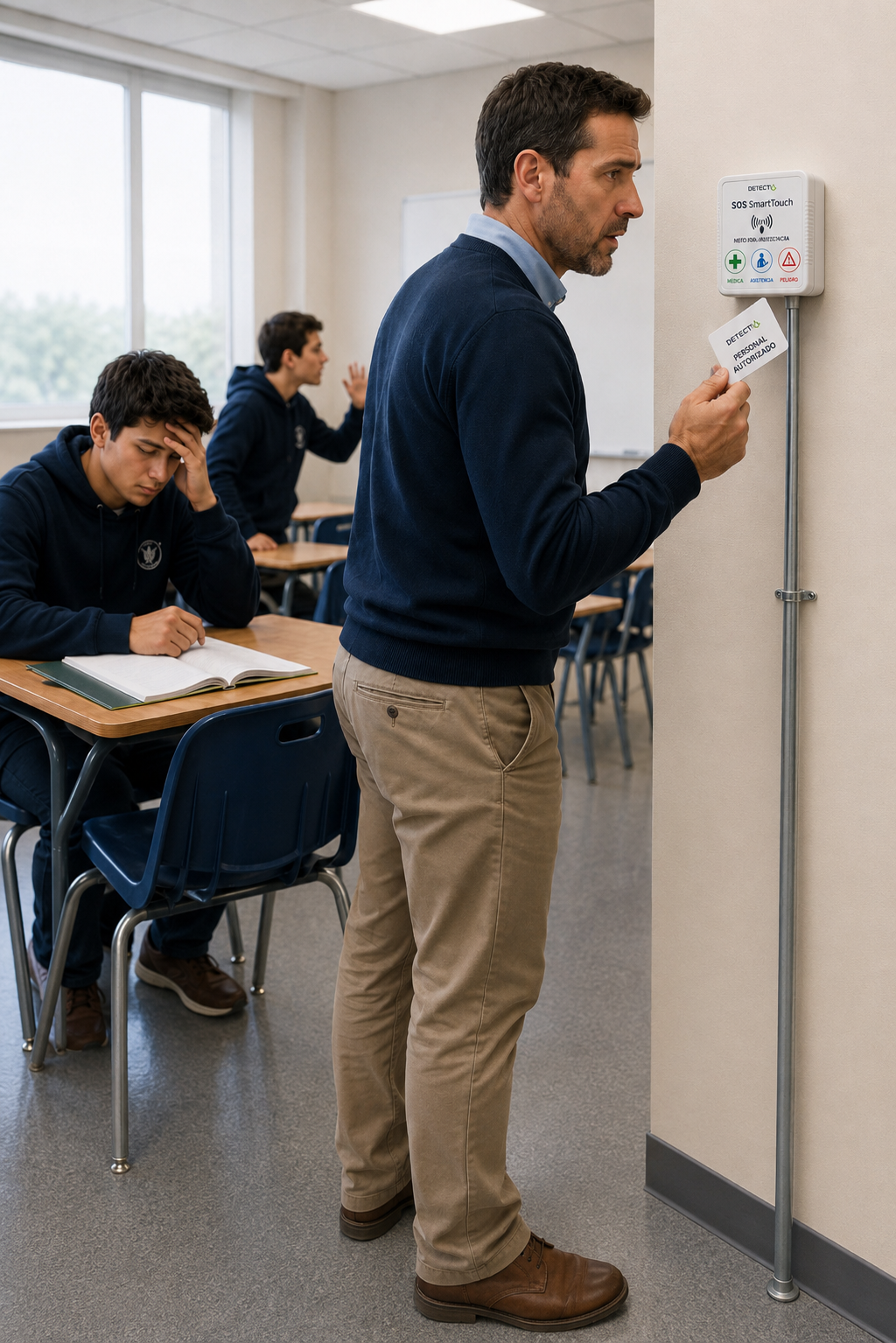Profesor activando sistema de alerta DetectIA SOS SmartTouch en un colegio
