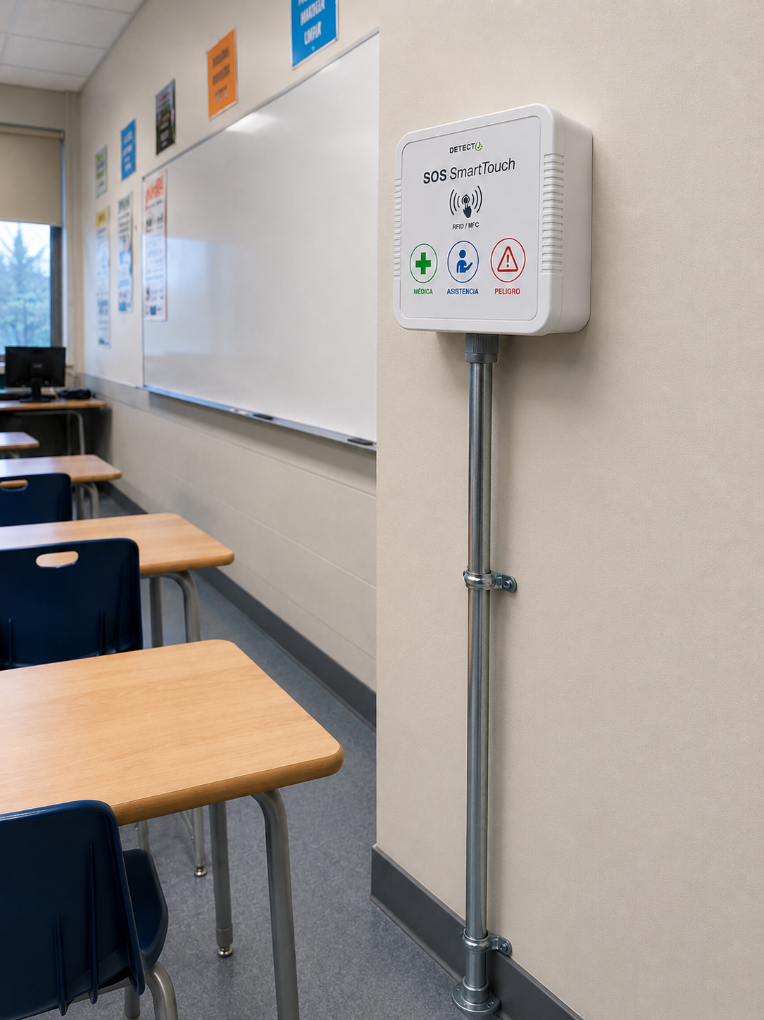 Dispositivo DetectIA SOS SmartTouch instalado en sala de clases