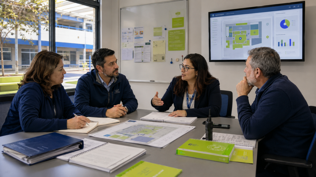 Equipo directivo de un colegio revisando un sistema de alerta interna para apoyar la gestión del PISE