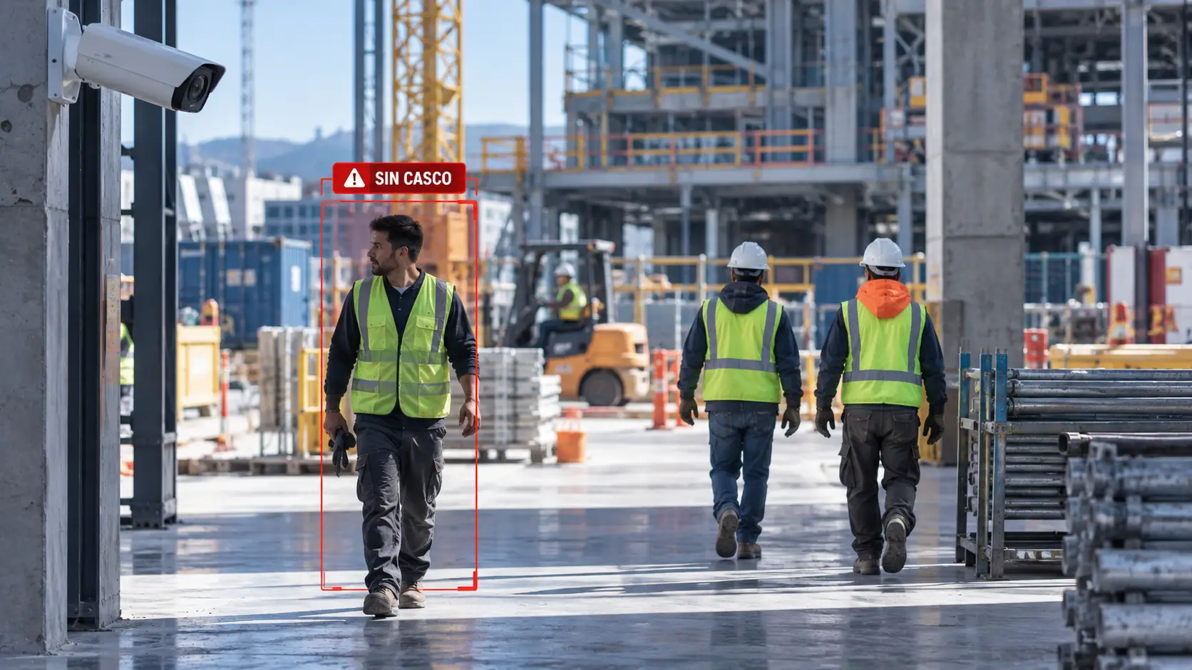 Trabajador sin casco detectado mediante analítica de video con IA en entorno industrial