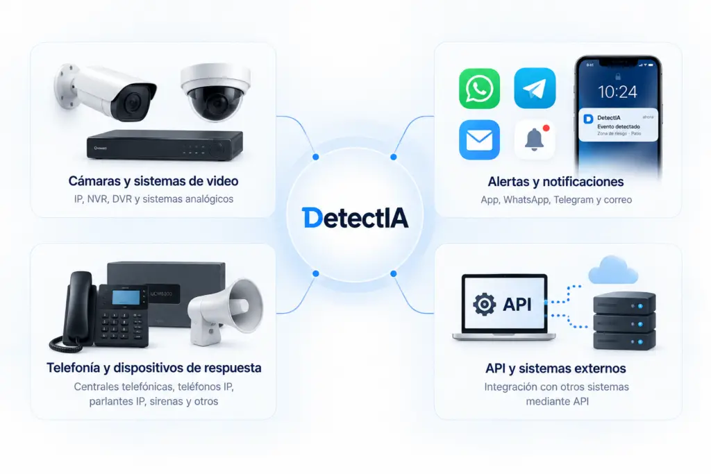 Integraciones de DetectIA con cámaras y sistemas de video, alertas y notificaciones, telefonía y dispositivos de respuesta, API y sistemas externos